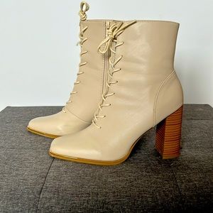 SHEIN heels that are 3 inches long have laces and a zipper in the side. Size 9